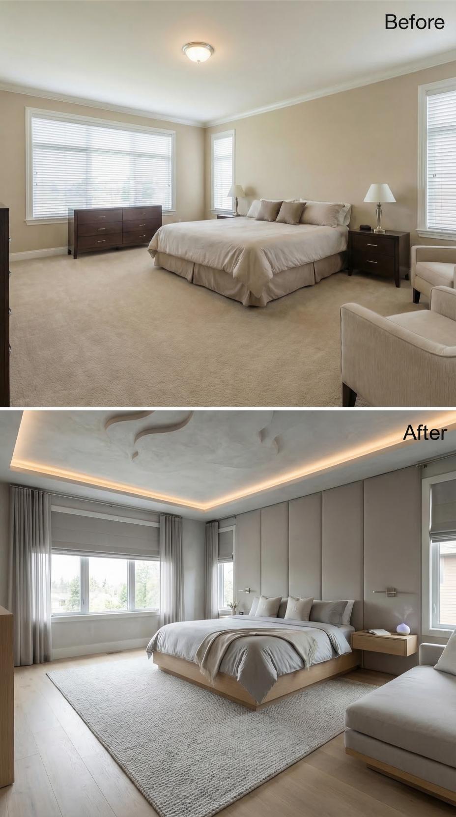 Carpet and Beige Got Replaced by Oak, Linen, and Cove Lighting