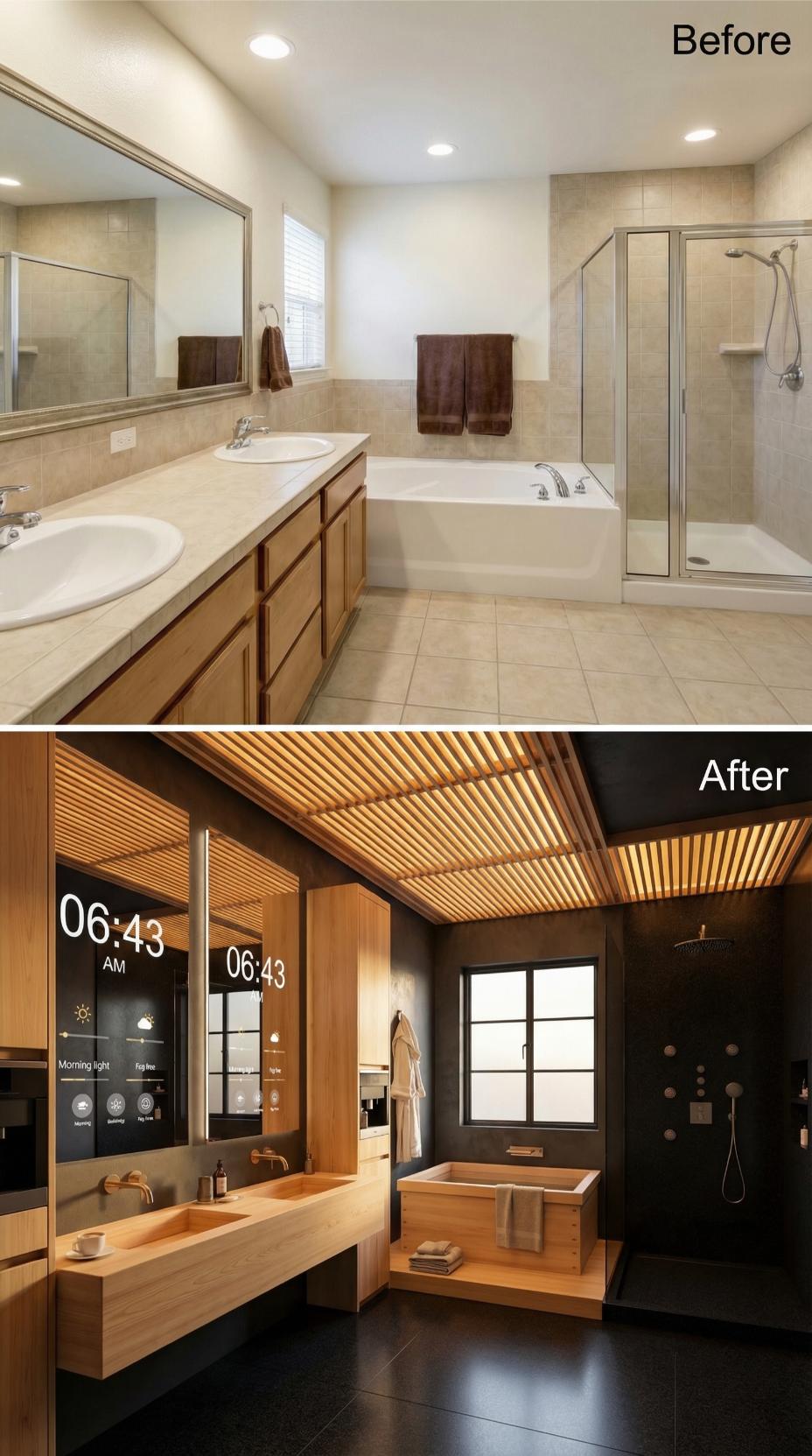 Hinoki Wood and a Smart Mirror Replaced Every Square Inch of Builder Beige