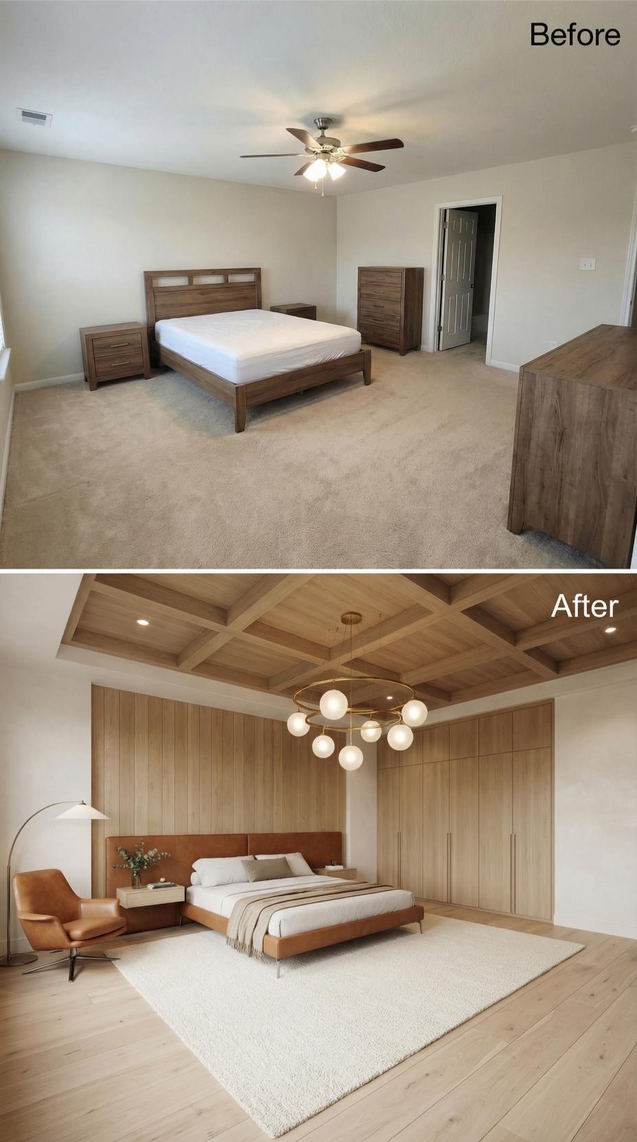 Coffered Ceiling and Vertical Wood Paneling Replace Flat Surfaces
