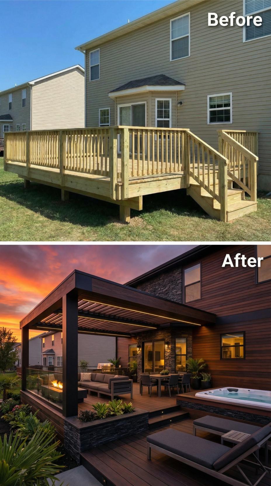 Natural Pine Deck Becomes Multi-Level Lounge with Pergola and Hot Tub