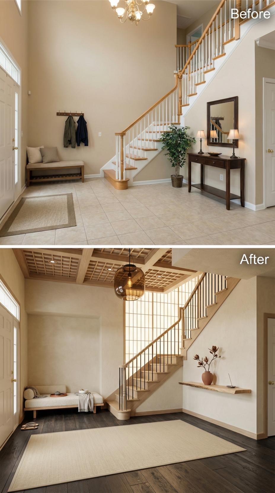 Japandi Foyer Swap: Beige Tile Out, Dark Hardwood and Cedar Lattice In