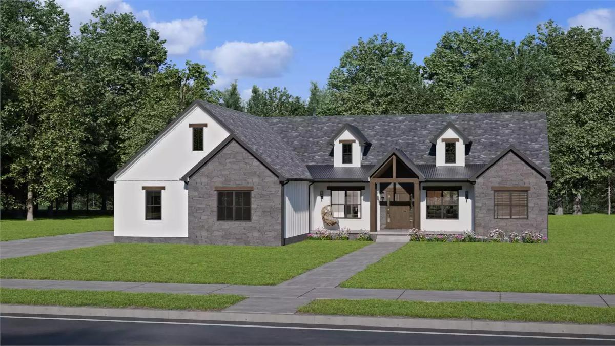 3-Bedroom Ranch-Style Home for a Corner Lot with Covered Front Porch and 3-Car Side Entry Garage (Floor Plan)