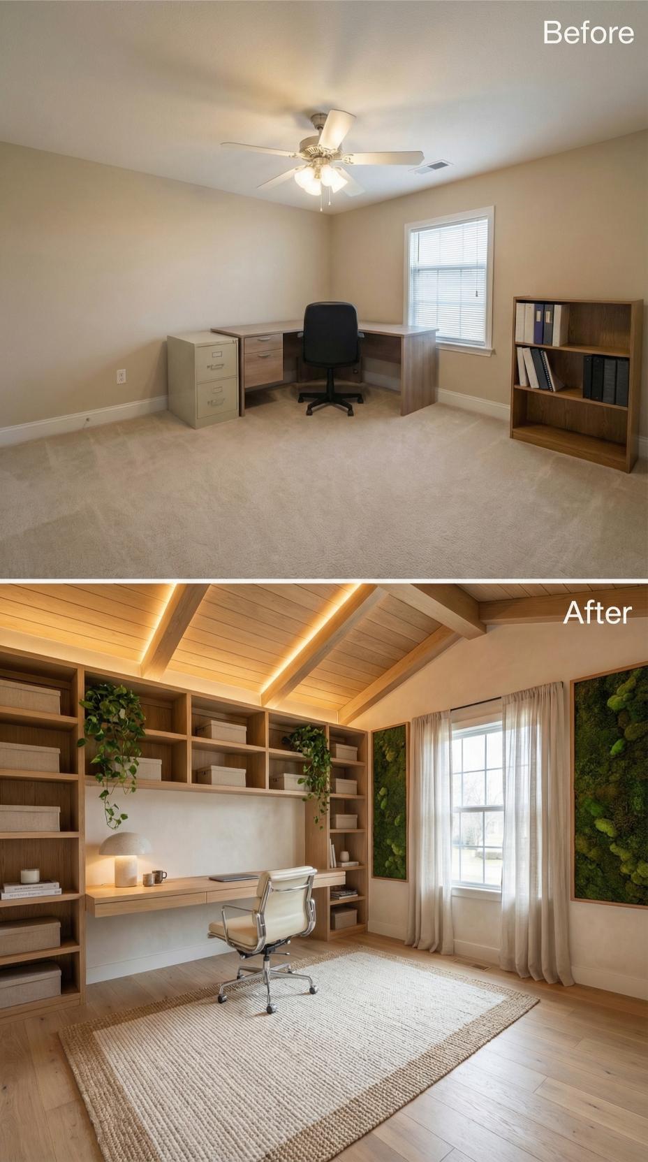 From Builder Beige Walls to Custom Wood Paneling with Integrated LED Cove Lighting