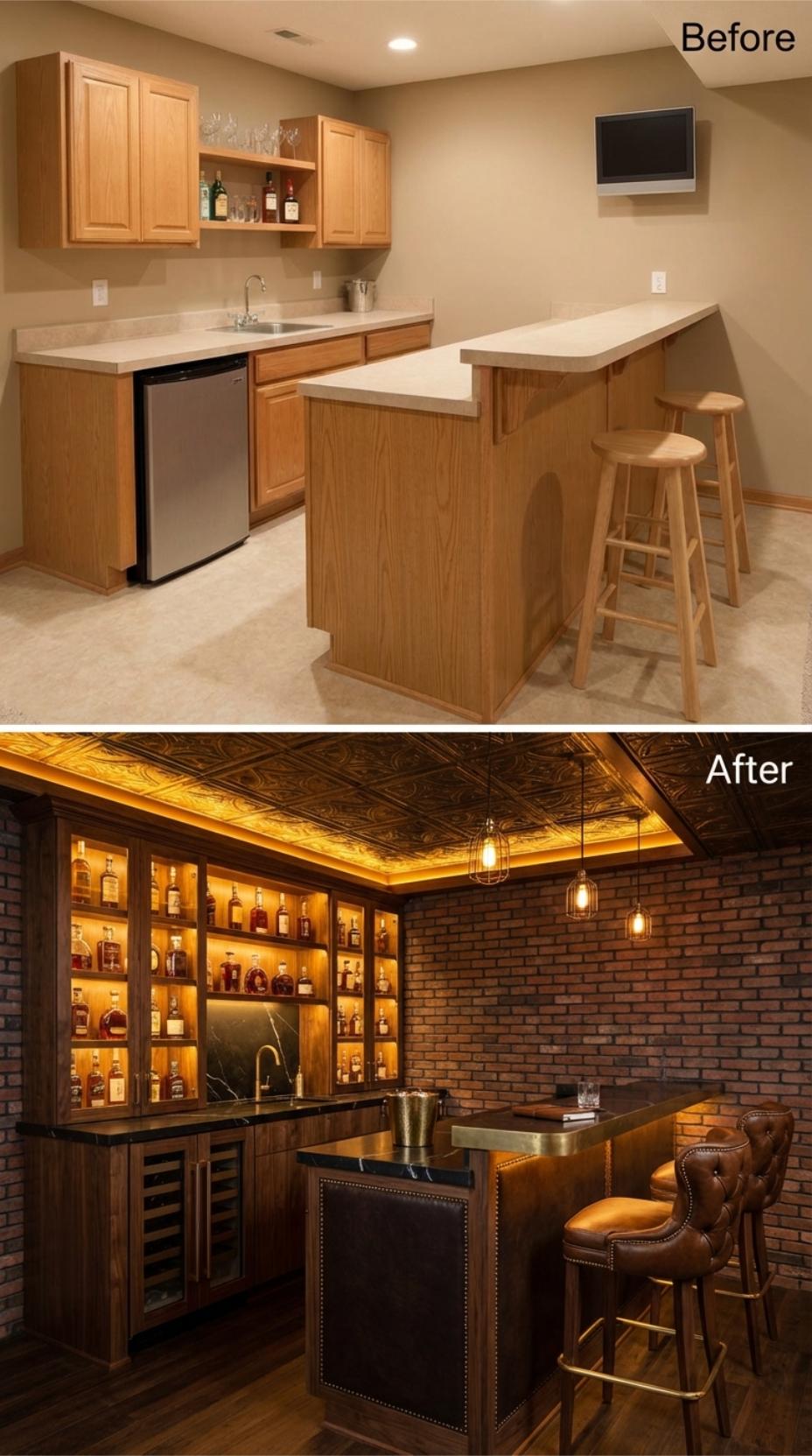 Exposed Brick and Glass-Front Shelving Define Dark Wood Bar Rebuild