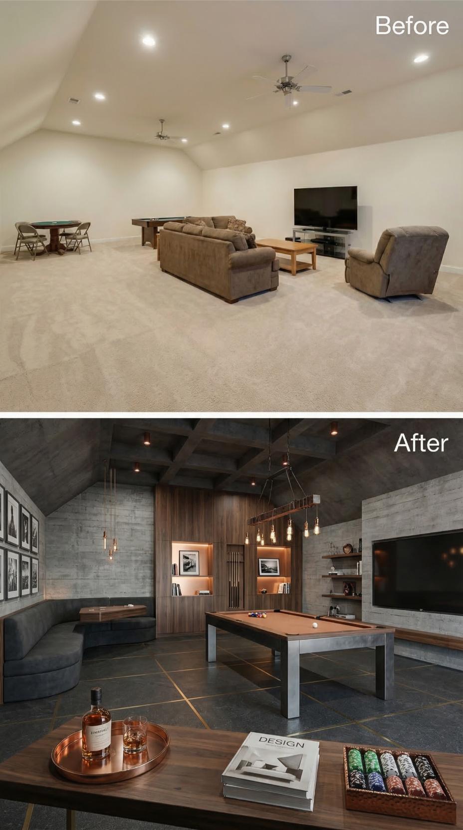 From Beige Carpeted Void to Dark Industrial Game Lounge