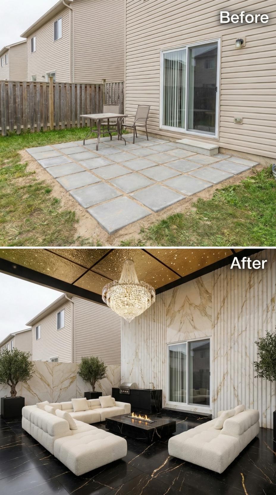 From Concrete Pavers to Marble-Clad Outdoor Lounge with Crystal Chandelier