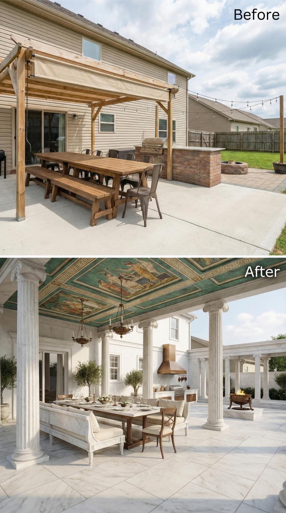 Suburban Patio to Neoclassical Loggia with Coffered Teal Ceiling