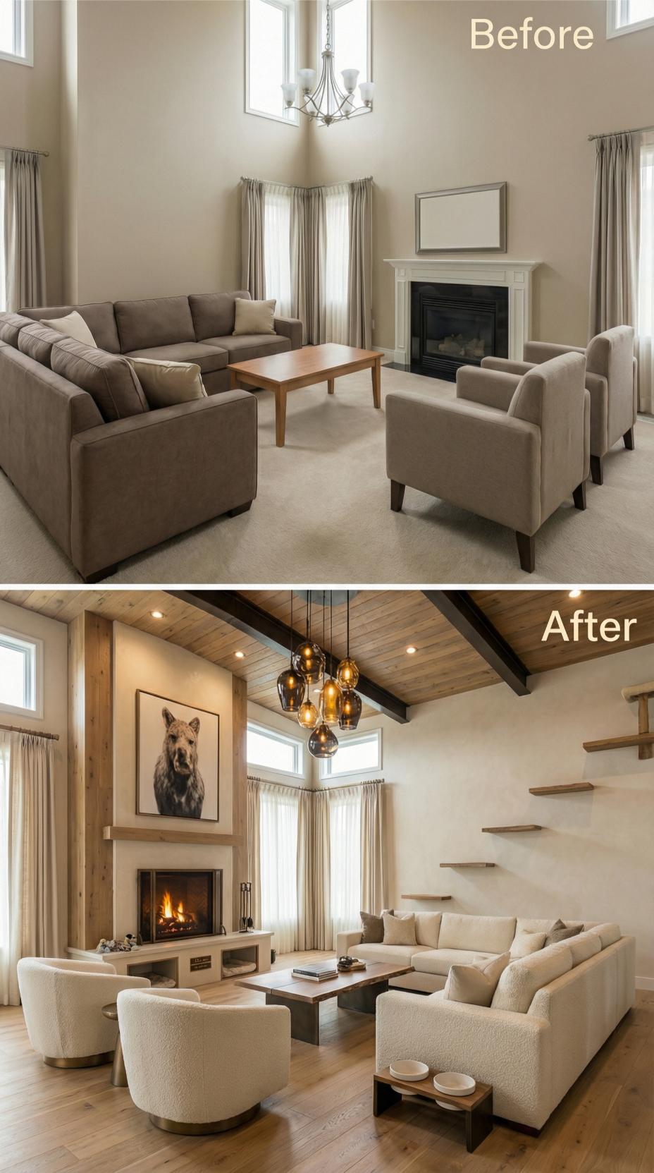 Beige Carpet Abandoned for Wood Ceiling Planks and Amber Pendant Cluster