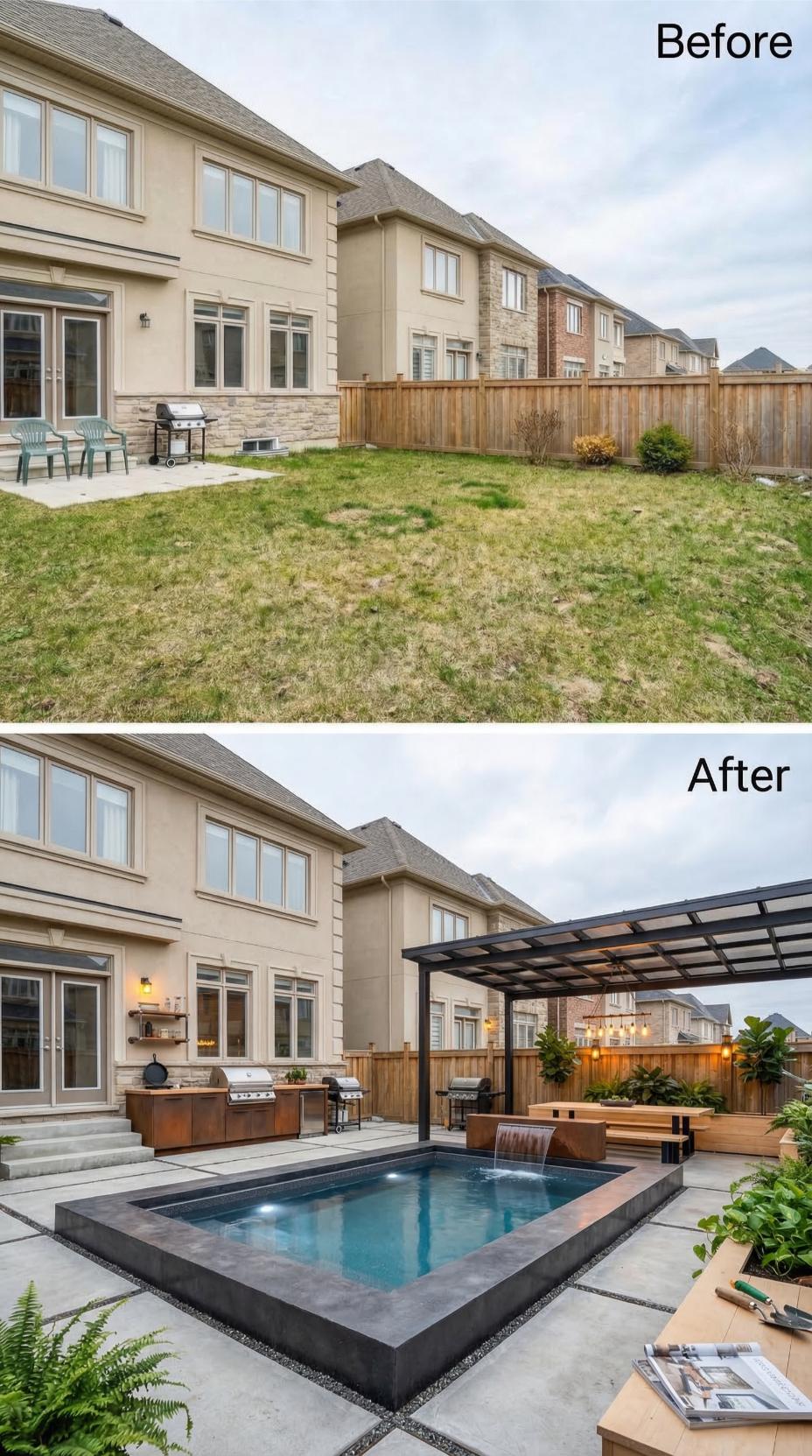 Plunge Pool With Waterfall Spout, Pergola Canopy, and Outdoor Kitchen Replace a Flat Lawn