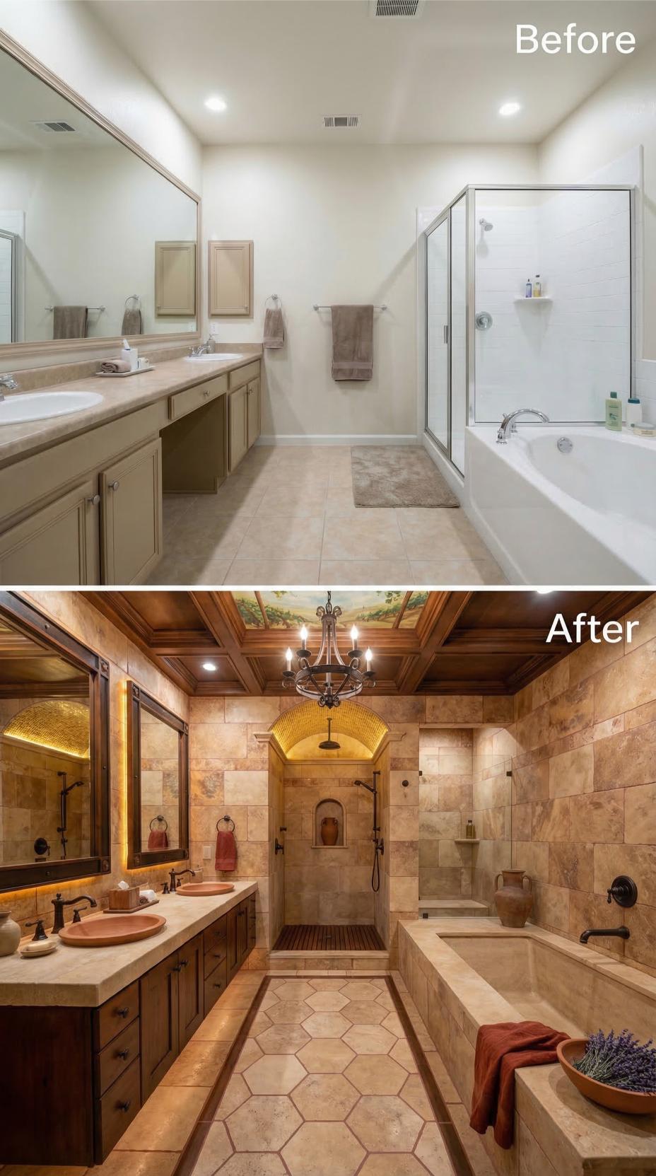 Coffered Wood Ceiling, Arched Shower Niche, and Travertine From Floor to Vault