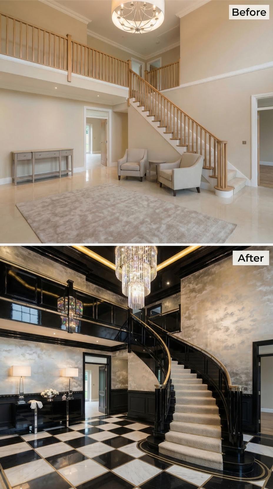 Curved Black Lacquer Railings and Checkered Marble Replaced Oak Balusters and Beige