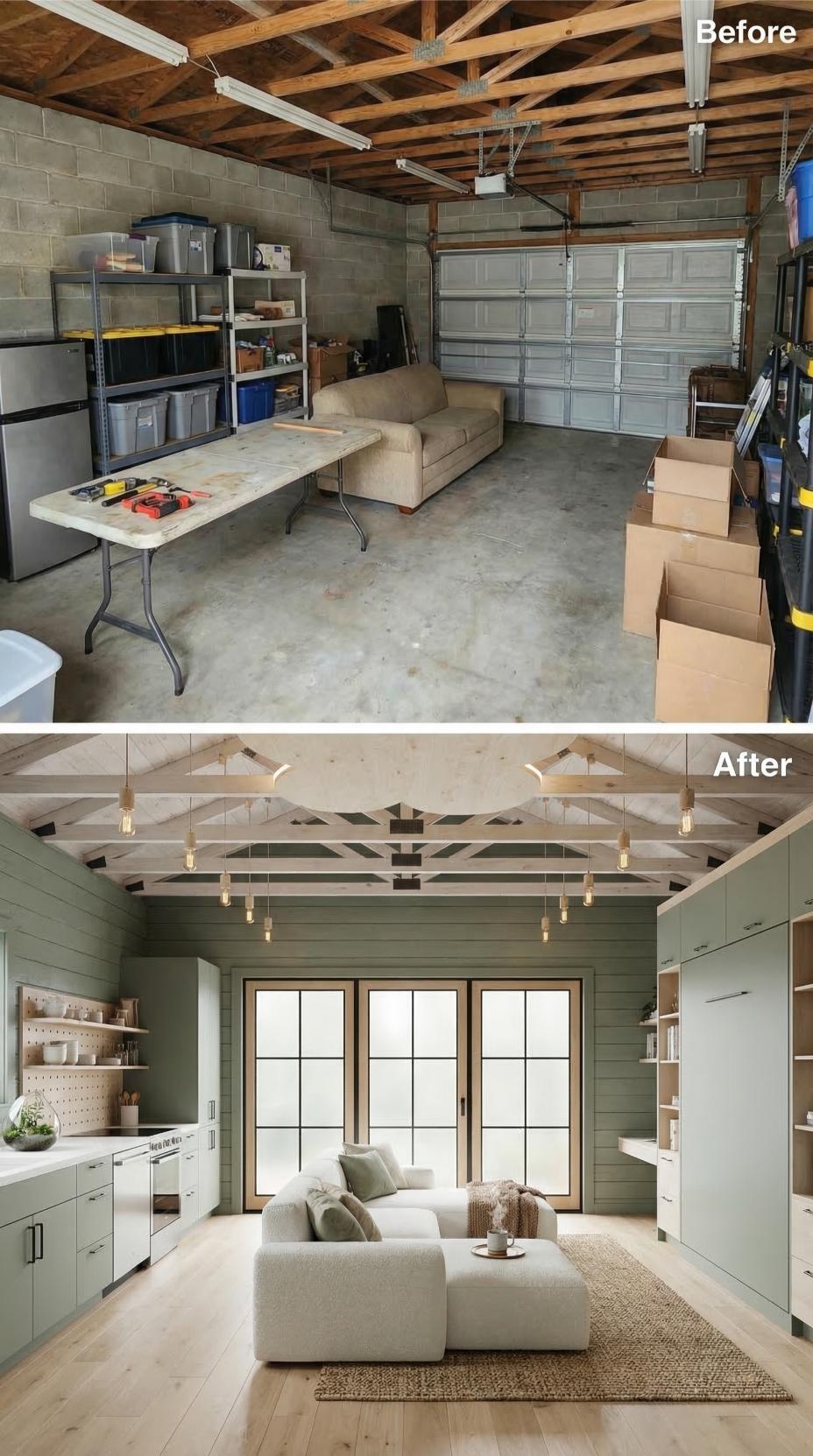 Sage Shiplap Walls and Pendant Trusses Converted a Cluttered Garage Into a Guest Suite