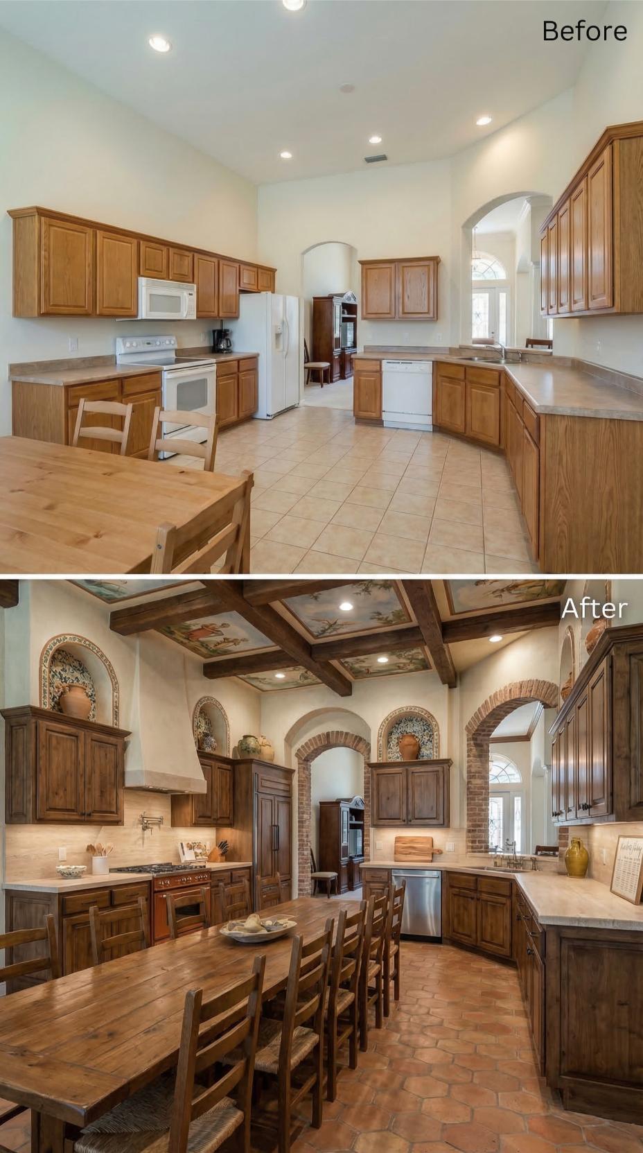 Coffered Beams and Hand-Painted Panels Pull a Builder Kitchen Into Tuscan Territory