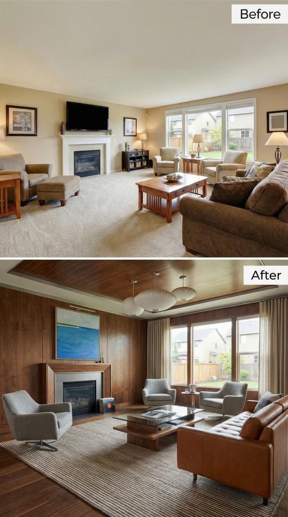 Walnut Paneling and a Leather Sofa Settled the Score Against Beige Carpet