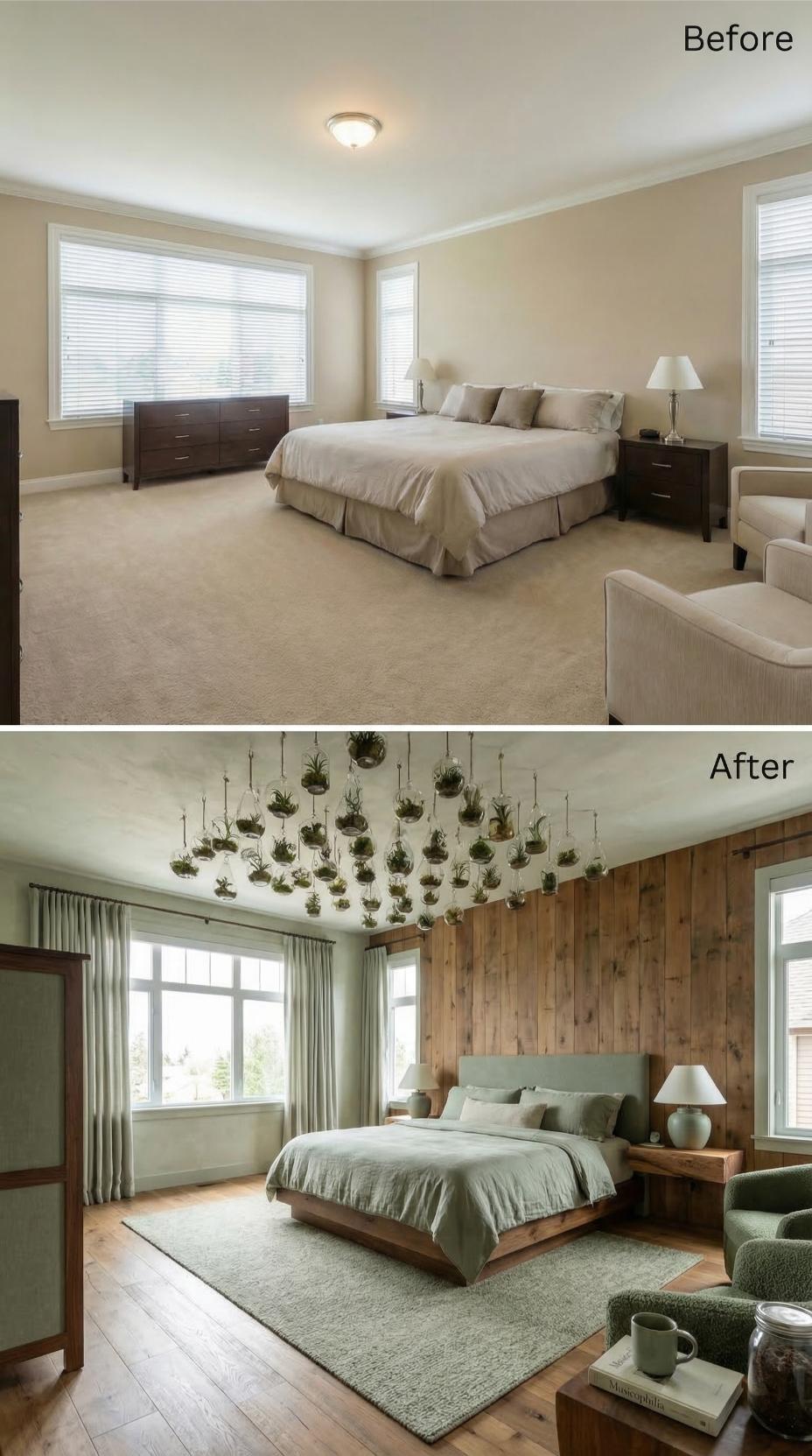 Hanging Glass Terrariums and a Knotty Pine Accent Wall Replaced Beige and Carpet