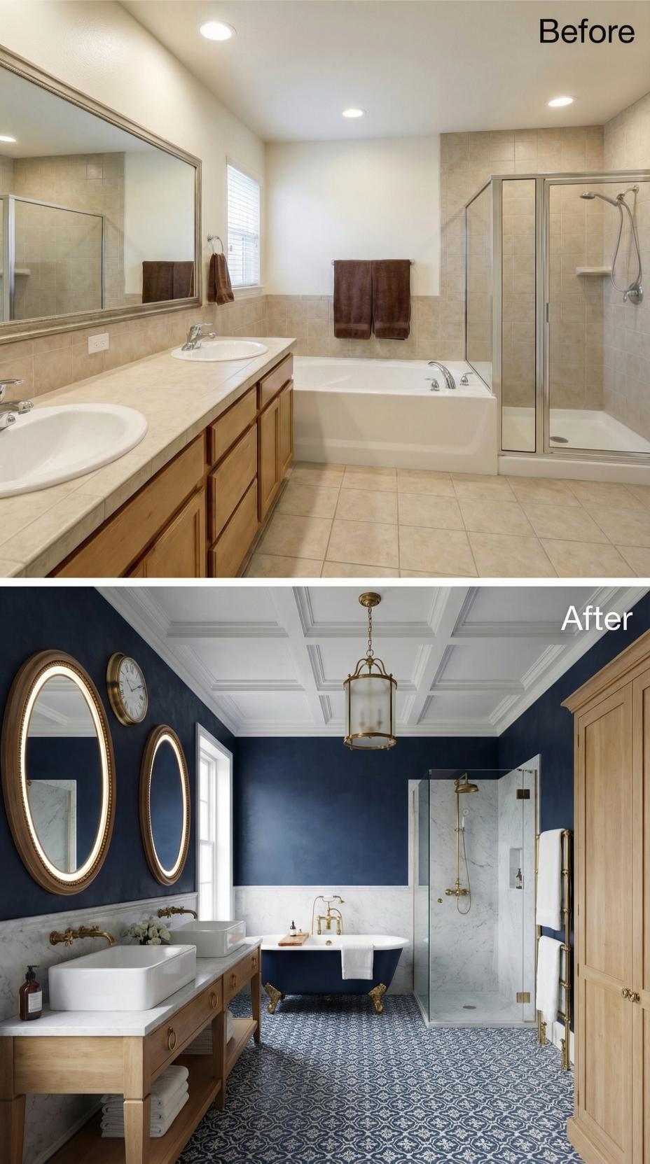 Coffered Ceiling, Clawfoot Tub, and Brass Fixtures Finished Off the Last of the Builder Beige