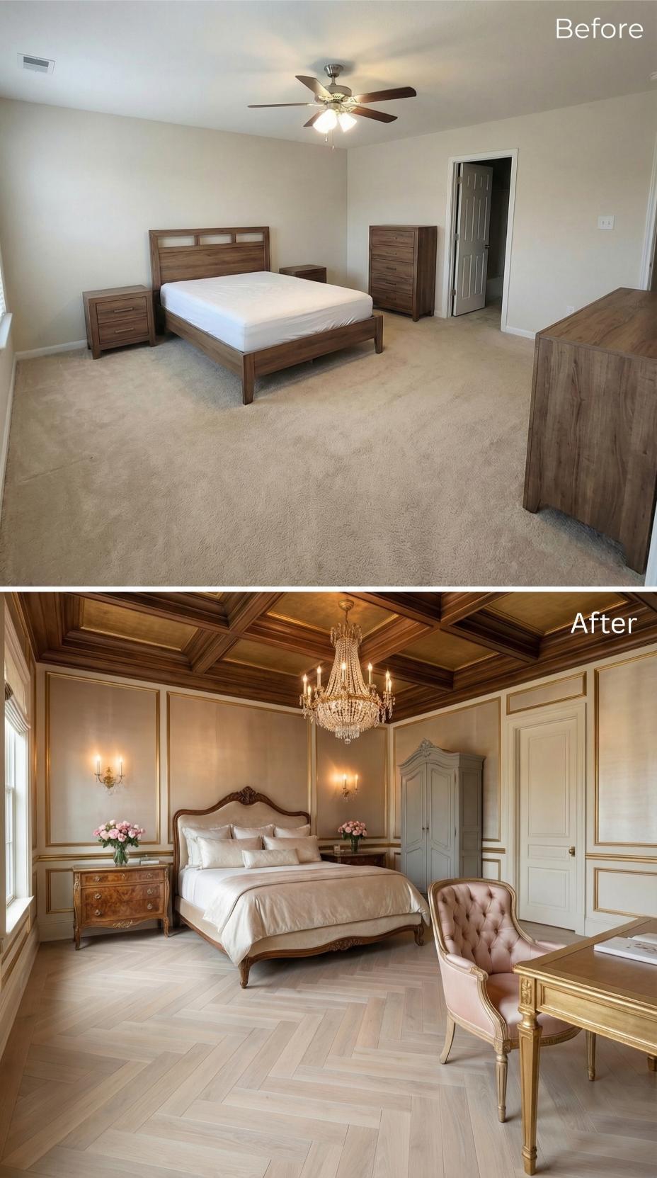 Coffered Mahogany Ceiling and Raised Panel Wainscoting Stage French Luxury