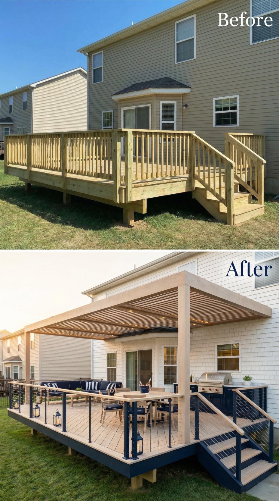 Natural Wood Deck Replaced by Modern Pergola with Cable Railing