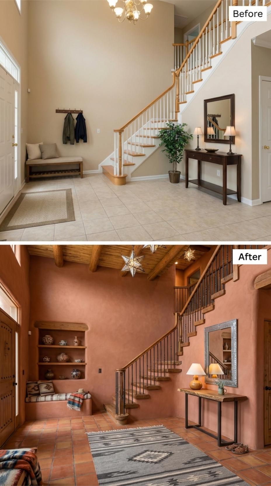 Saltillo Tile and Adobe Plaster Pull a Builder Foyer into New Mexico Territory