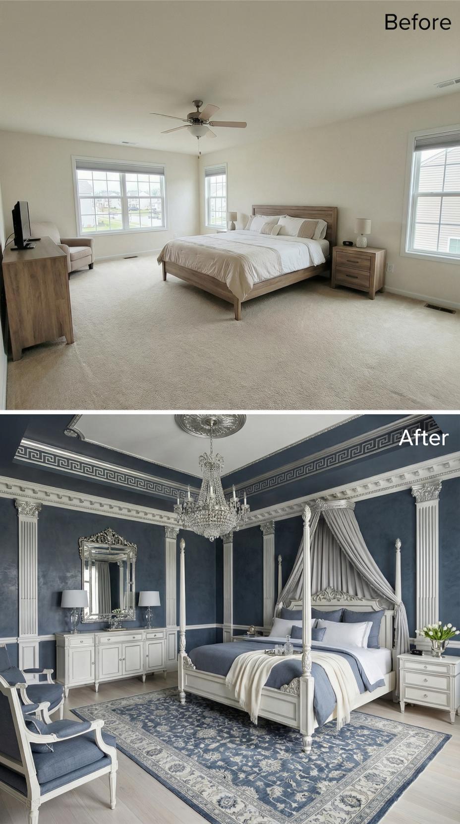 Greek Key Crown Molding, Crystal Chandelier, and a Canopy Bed That Holds Court