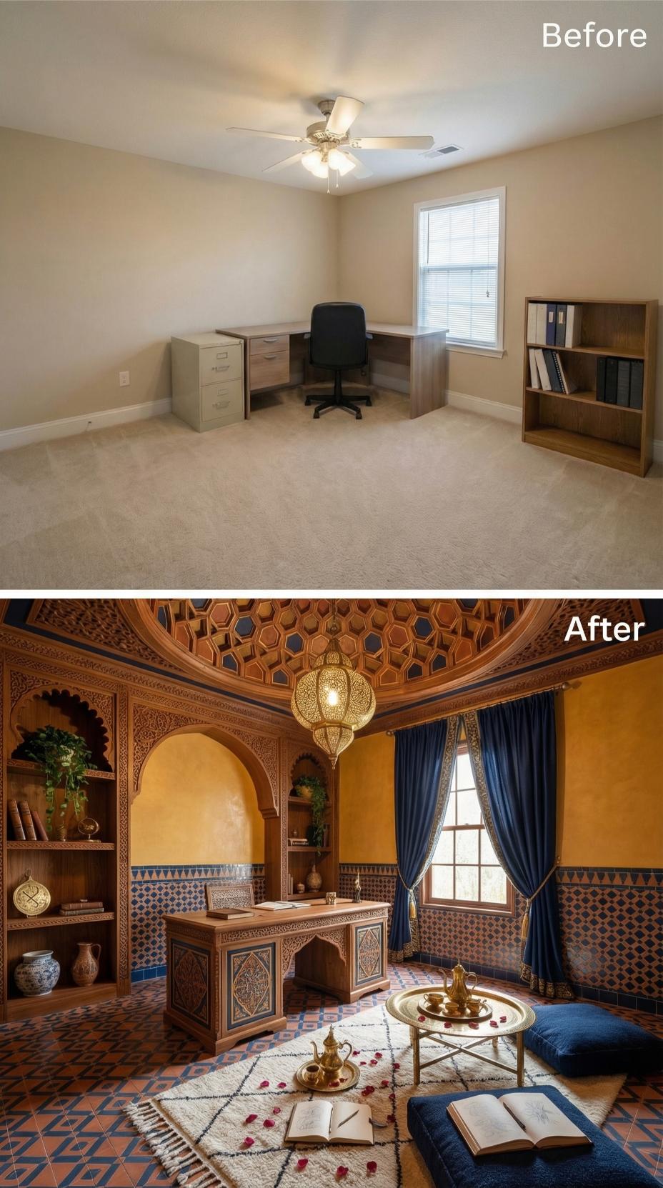 Moroccan-Inspired Zellige Tilework and Carved Archways Frame Office Alcove