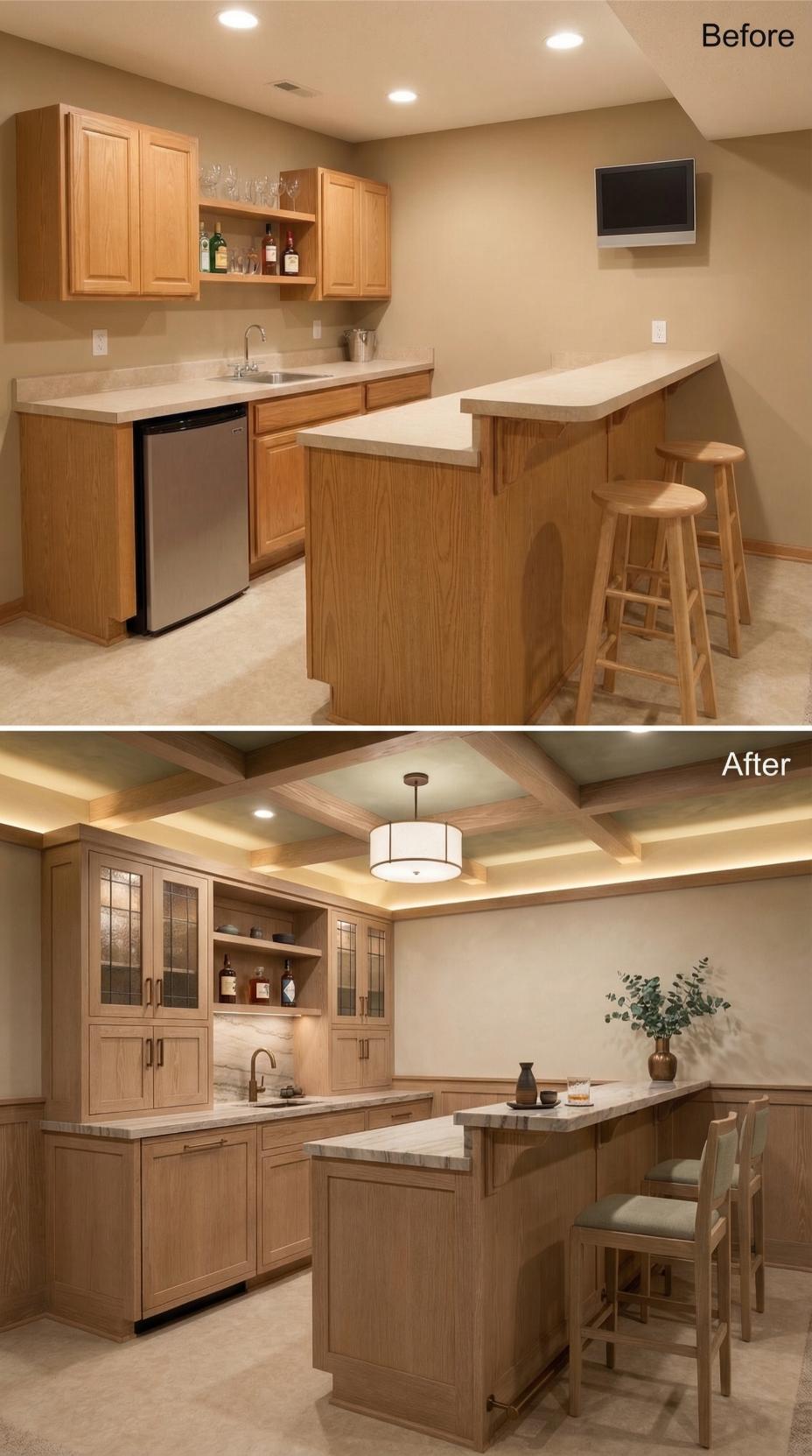 Coffered Ceiling and Leaded Glass Cabinets Replace Flat Oak Wet Bar