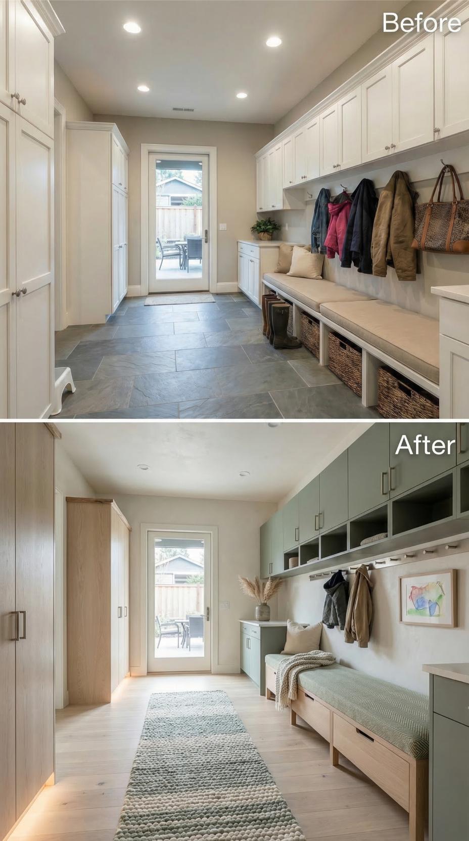 Sage Upper Cabinets and Natural Oak Replace Painted White Shaker