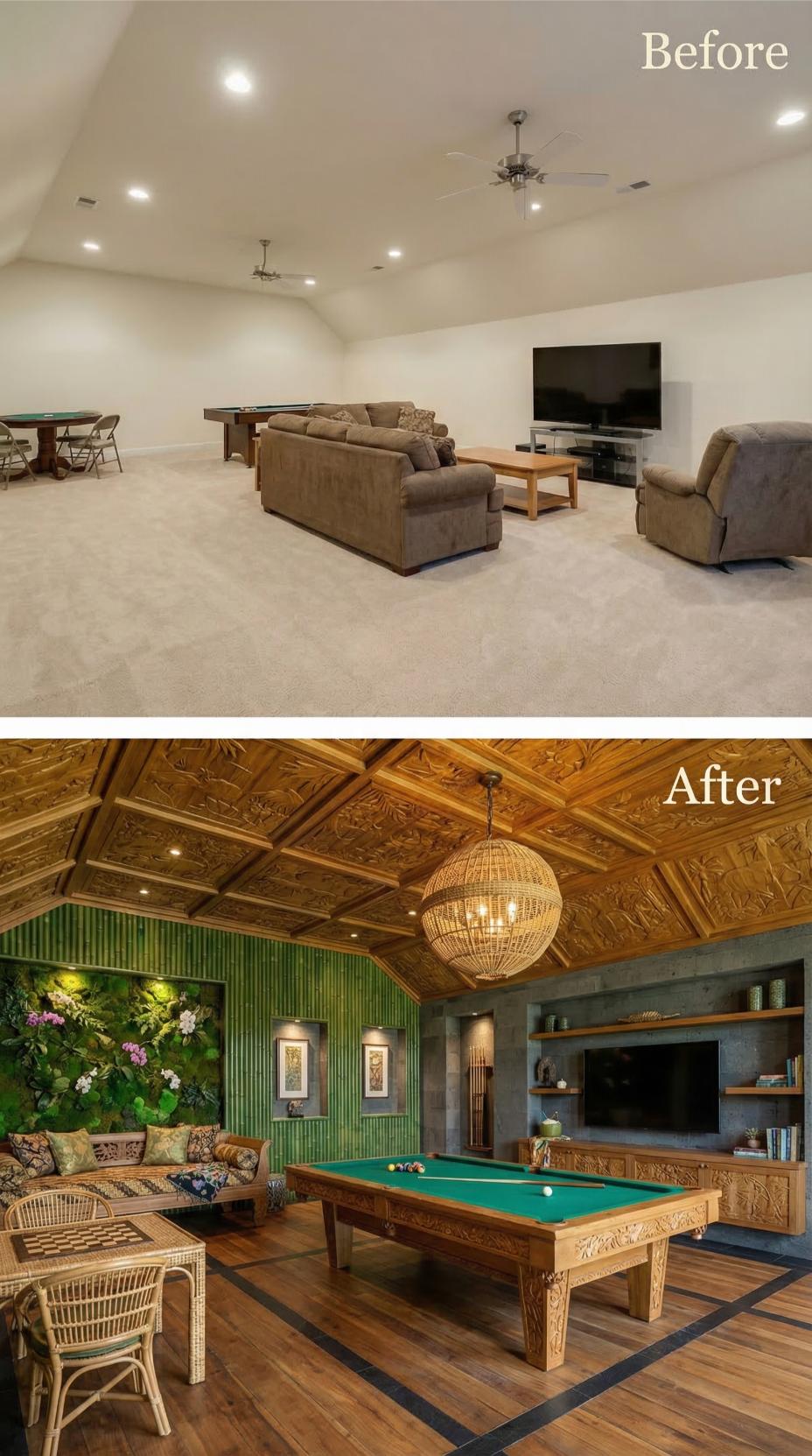 Tropical Balinese Retreat with Carved Teak Ceiling and Jade Green Walls