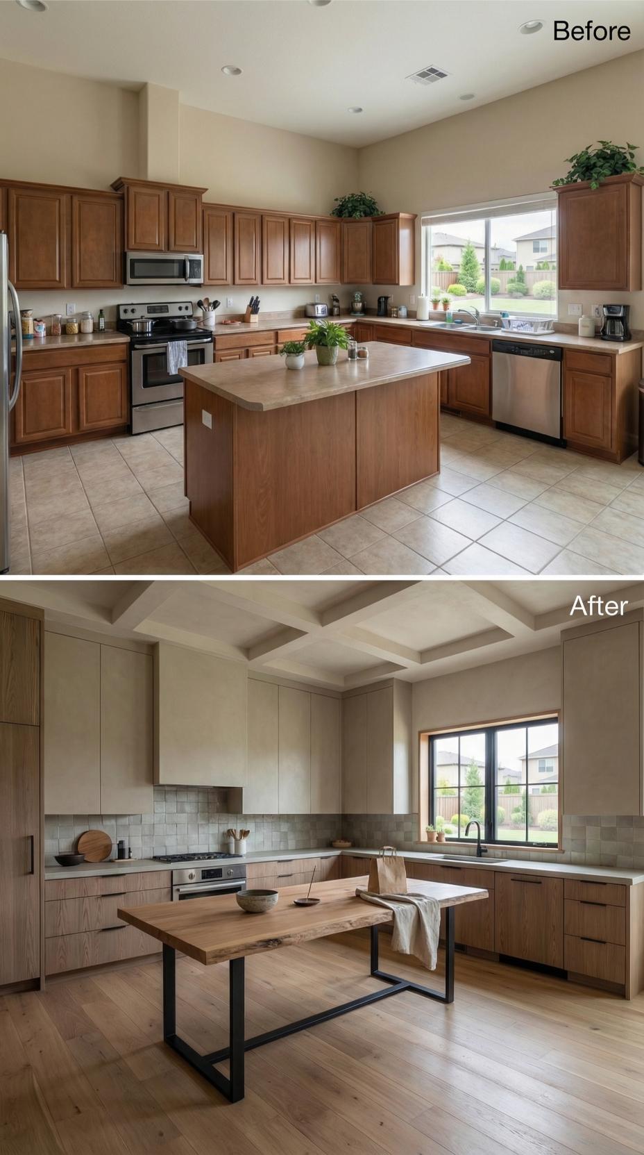 Coffered Ceiling and Live-Edge Island Replace Traditional Builder Oak