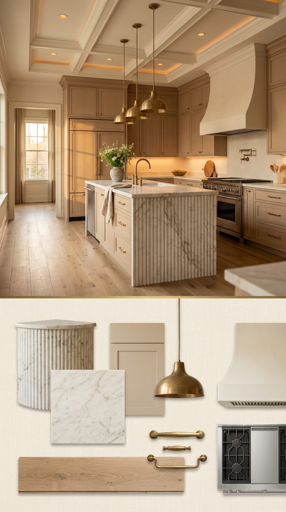 Warm Beige Farmhouse Kitchen with Fluted Stone Island and Integrated Walnut Cabinetry