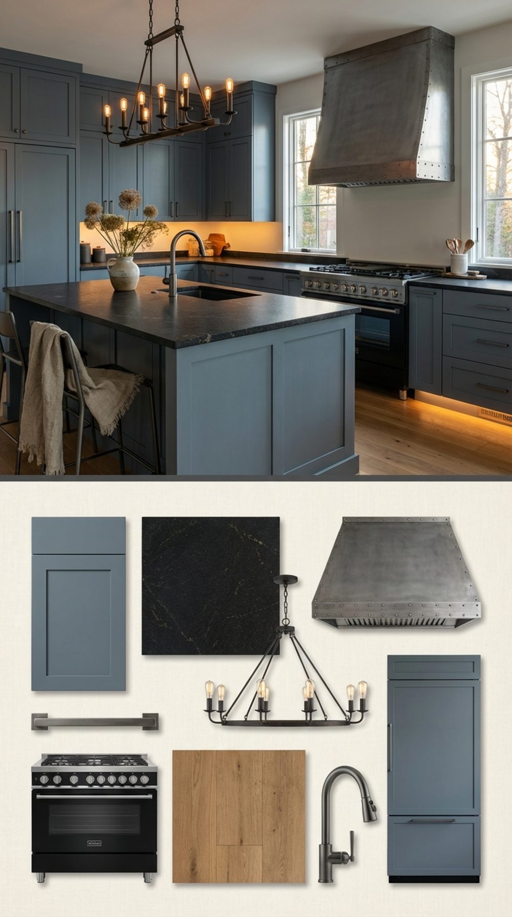 Slate Blue-Grey Farmhouse Kitchen with Leathered Granite, Integrated Column Appliances, and Wrought Iron Lighting