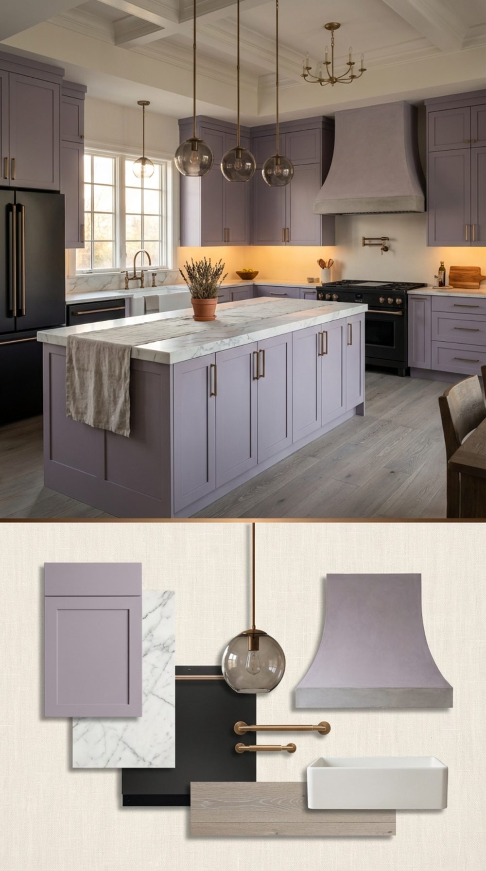 Soft Lavender Farmhouse Kitchen with Marble Countertops and Matte Black Integrated Appliances