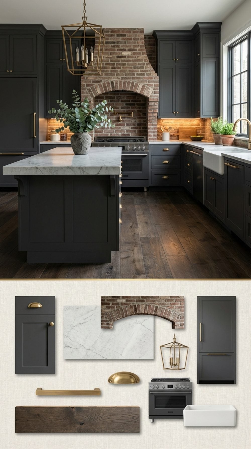 Charcoal Grey Farmhouse Kitchen with Quartzite Island, Integrated Column Fridge, and Arched Brick Range Hood