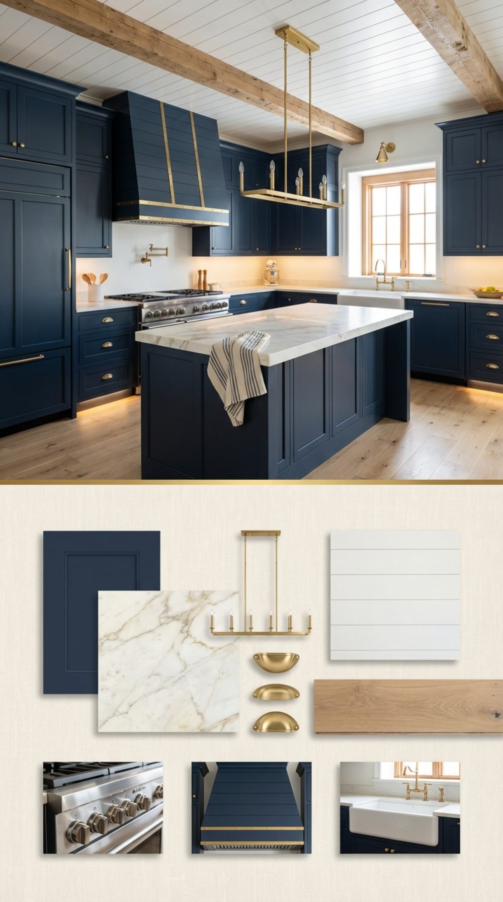 Crisp Navy Blue Farmhouse Kitchen with Unlacquered Brass Fixtures, Calacatta Gold Marble, and Shiplap Ceiling