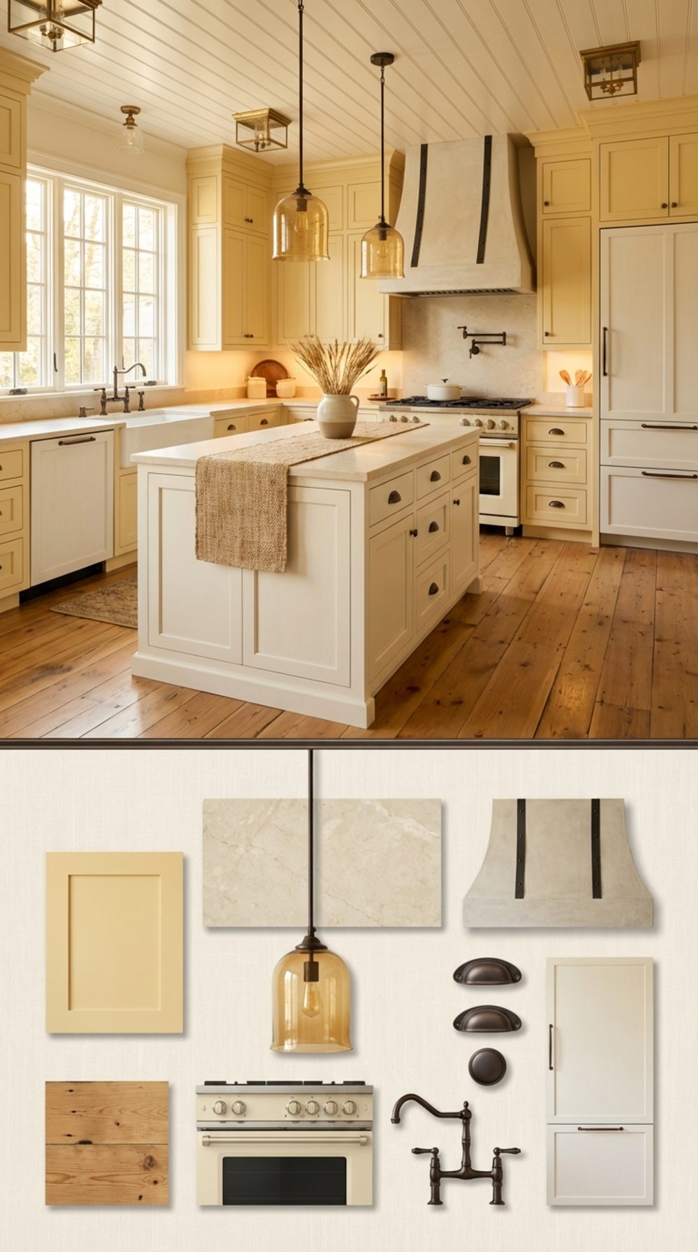 Soft Yellow Farmhouse Kitchen with Honed Limestone Countertops, Shaker Cabinetry, and Vintage Bronze Fixtures