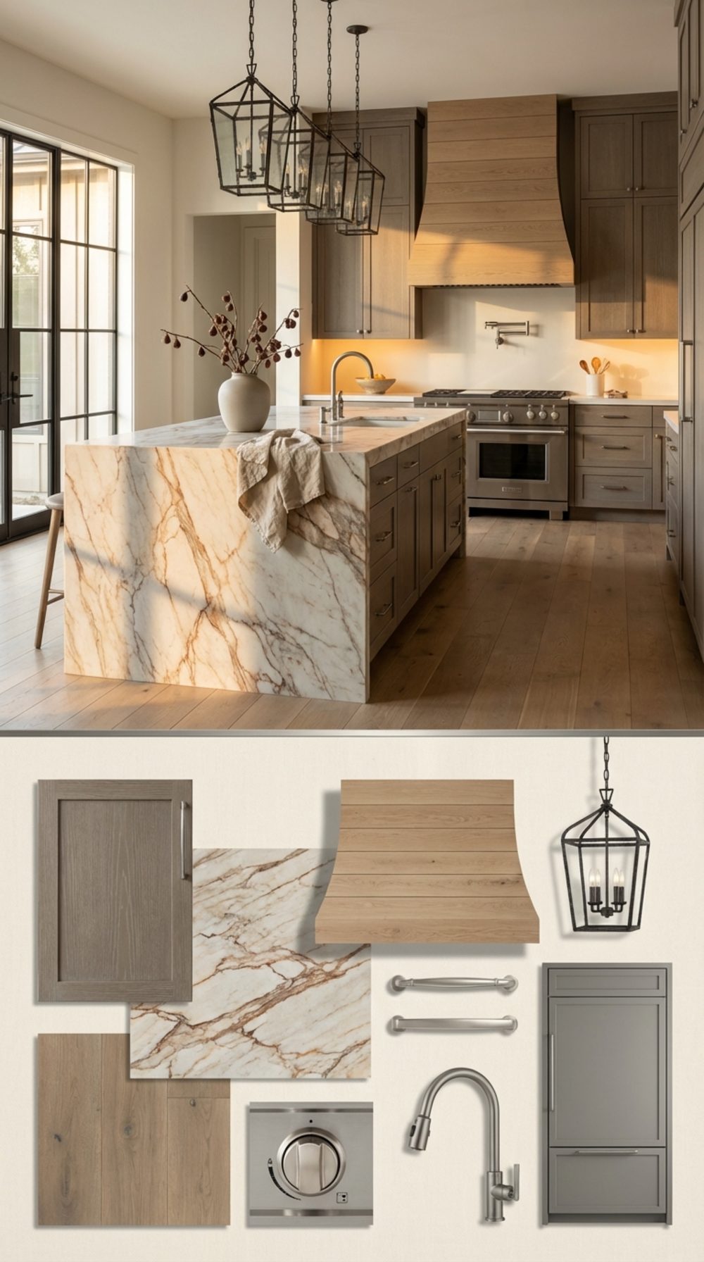 Warm Grey Farmhouse Kitchen with Book-Matched Marble Island, Custom Oak Range Hood, and Pewter Hardware