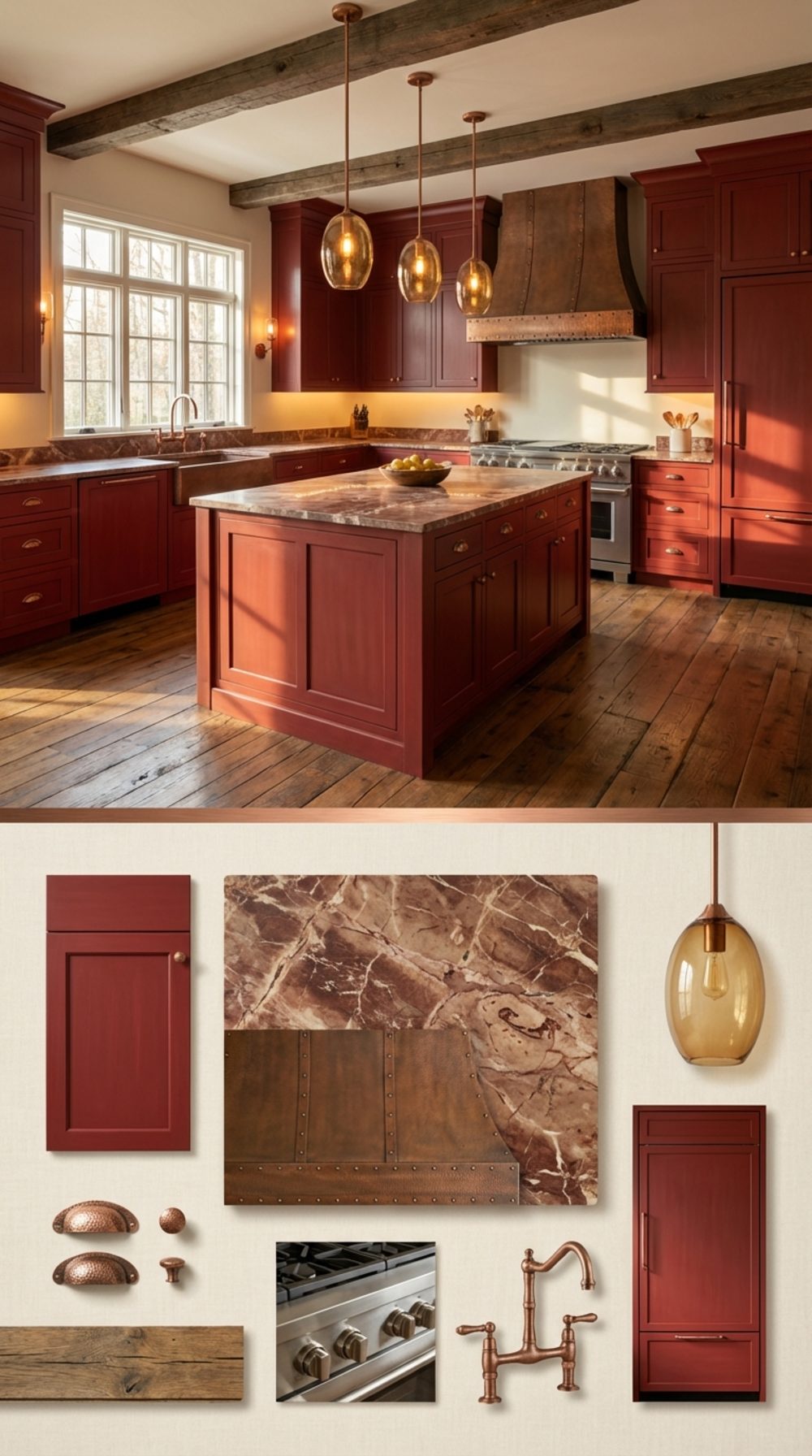 Rich Red Farmhouse Kitchen with Aged Marble, Shaker Cabinetry, Copper Fixtures, and Exposed Timber Beams