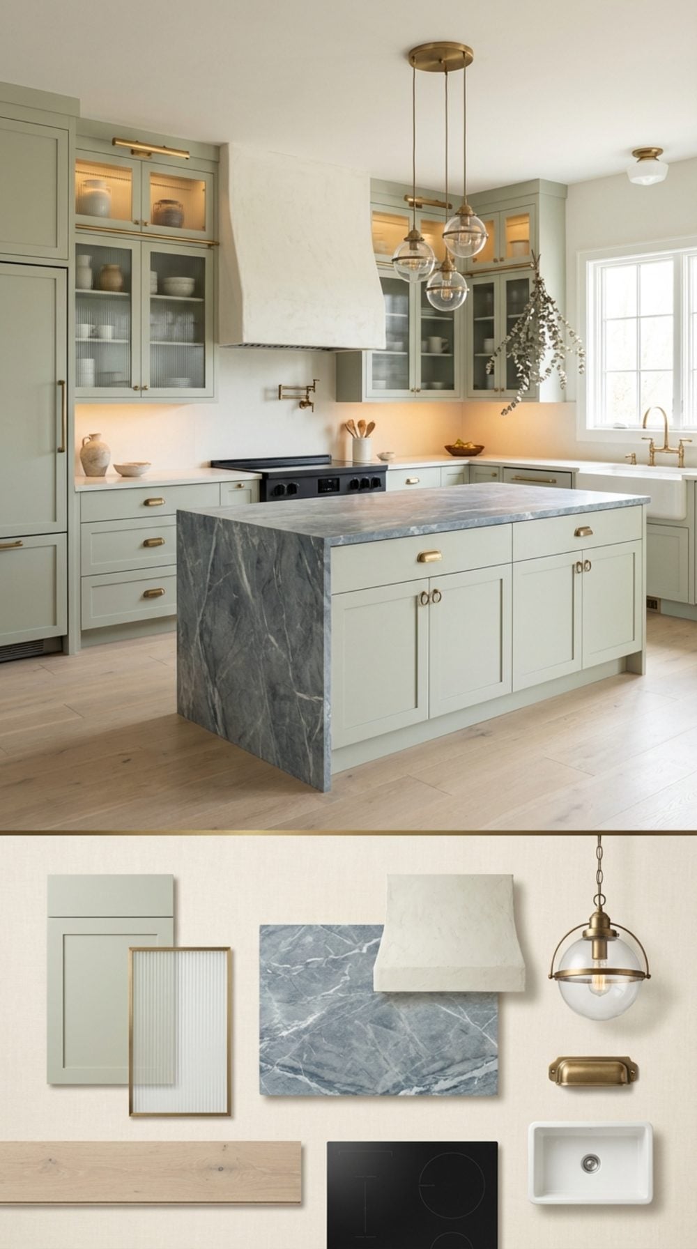 Pale Sage Farmhouse Kitchen with Fluted Glass Uppers, Integrated Everything, and Antique Brass Schoolhouse Lighting