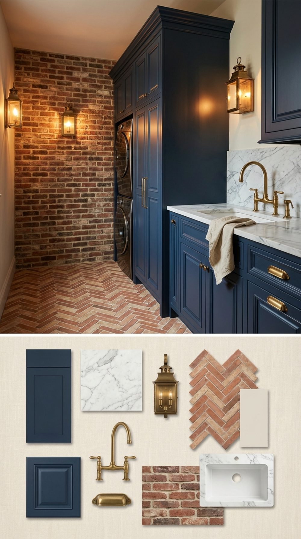 Exposed Brick and Aged Brass: A Transitional Laundry Room With Real Character