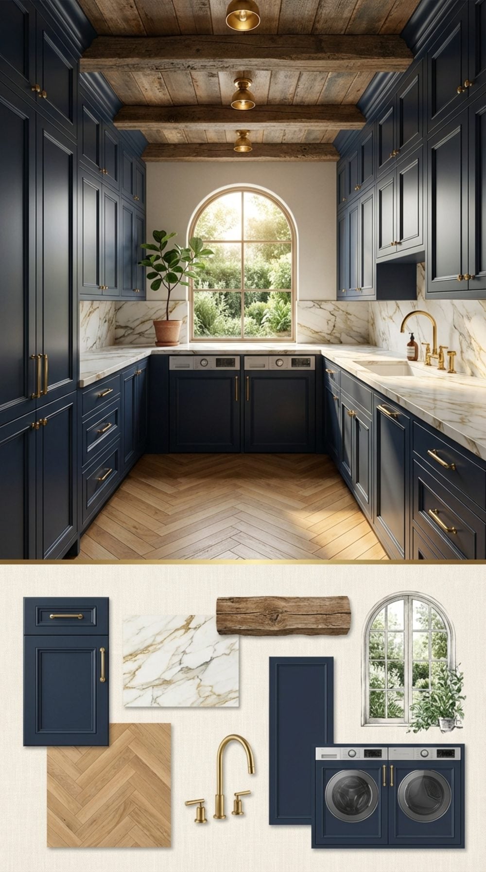 Dramatic Luxury Navy Laundry Room with Wood Beam Ceiling, Calacatta Marble, and Arched Garden Window