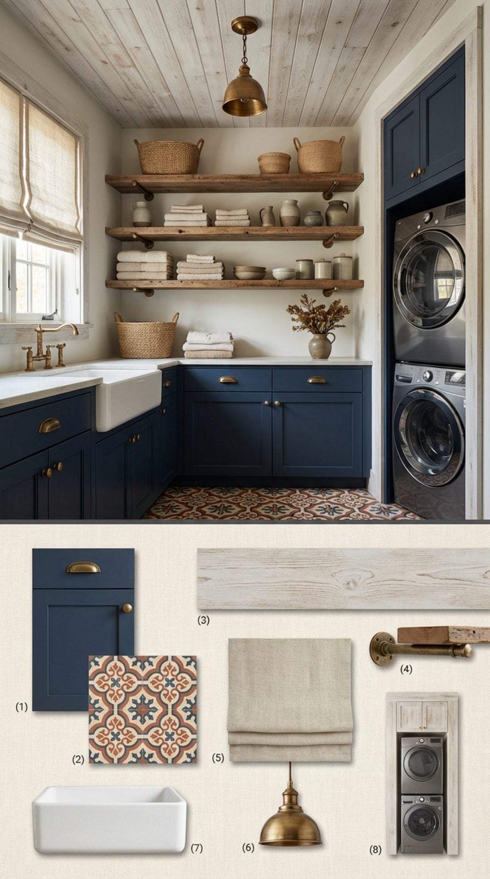 Cozy Navy Transitional Laundry Room with Whitewashed Plank Ceiling, Encaustic Tiles, and Linen Shades