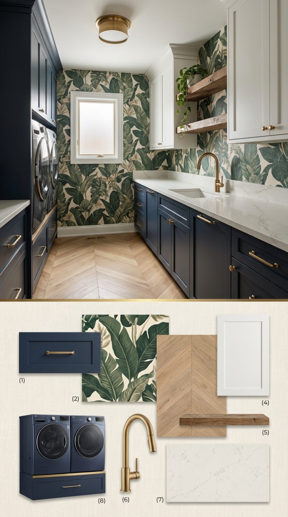 Refined Navy Laundry Room with Botanical Wallpaper, Chevron Hardwood, and Pull-Out Hamper Drawers