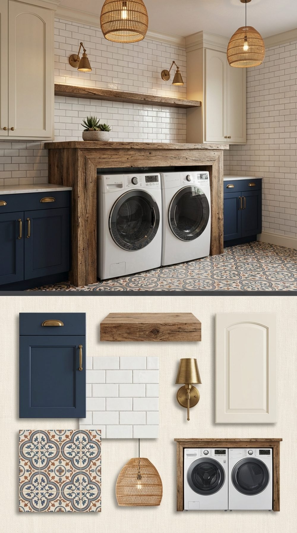 Luxurious Navy Laundry Room with Rustic Wood Mantel Surround, Subway Tile to Ceiling, and Rattan Pendants