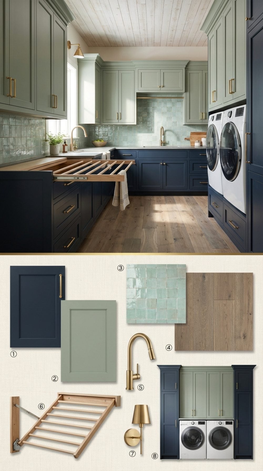 Elegant Two-Tone Navy and Sage Laundry Room with Zellige Backsplash and Built-In Drying Rack