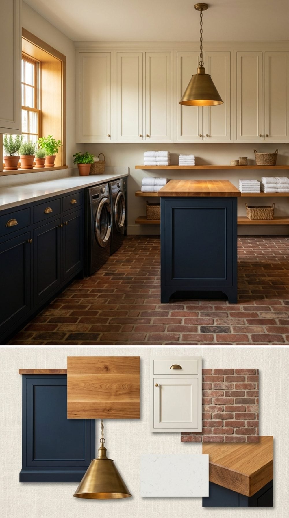 Navy Island and Brick Floor: A Laundry Room That Thinks Like a Kitchen