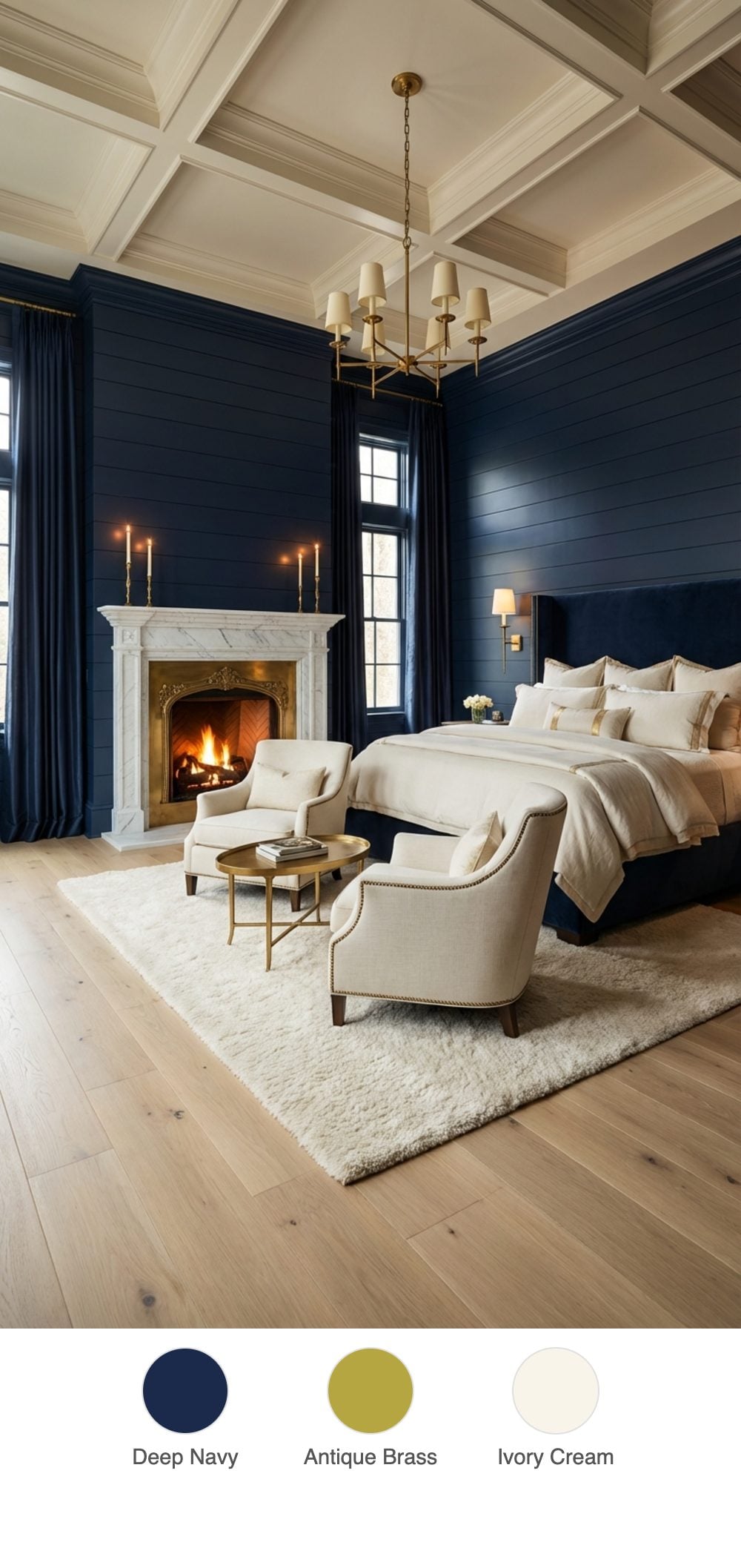 Deep Navy Paneled Walls with a Marble Fireplace and Brass-Framed Sitting Alcove