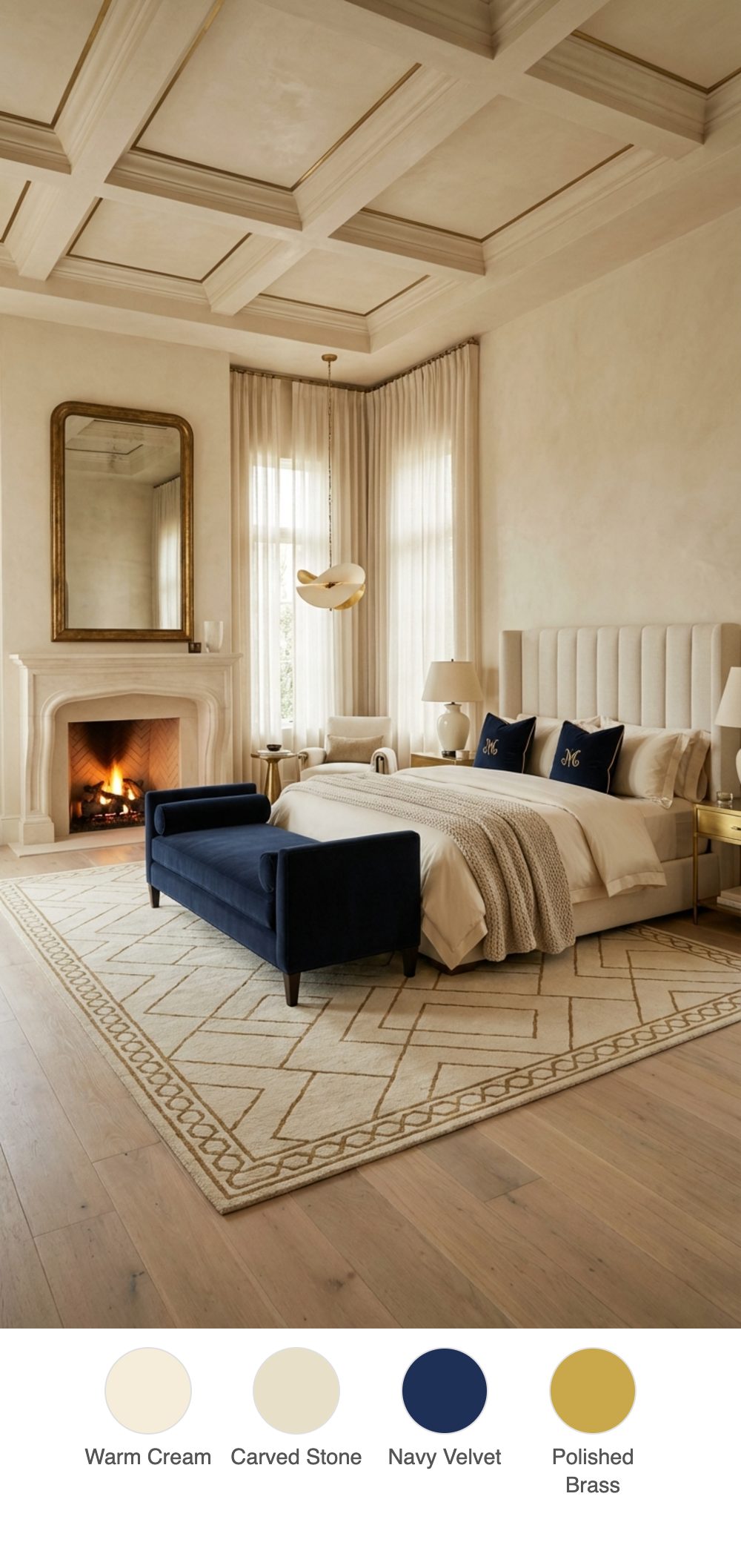 Cream Plaster Bedroom with a Carved Limestone Fireplace and Navy Velvet Sitting Chaise