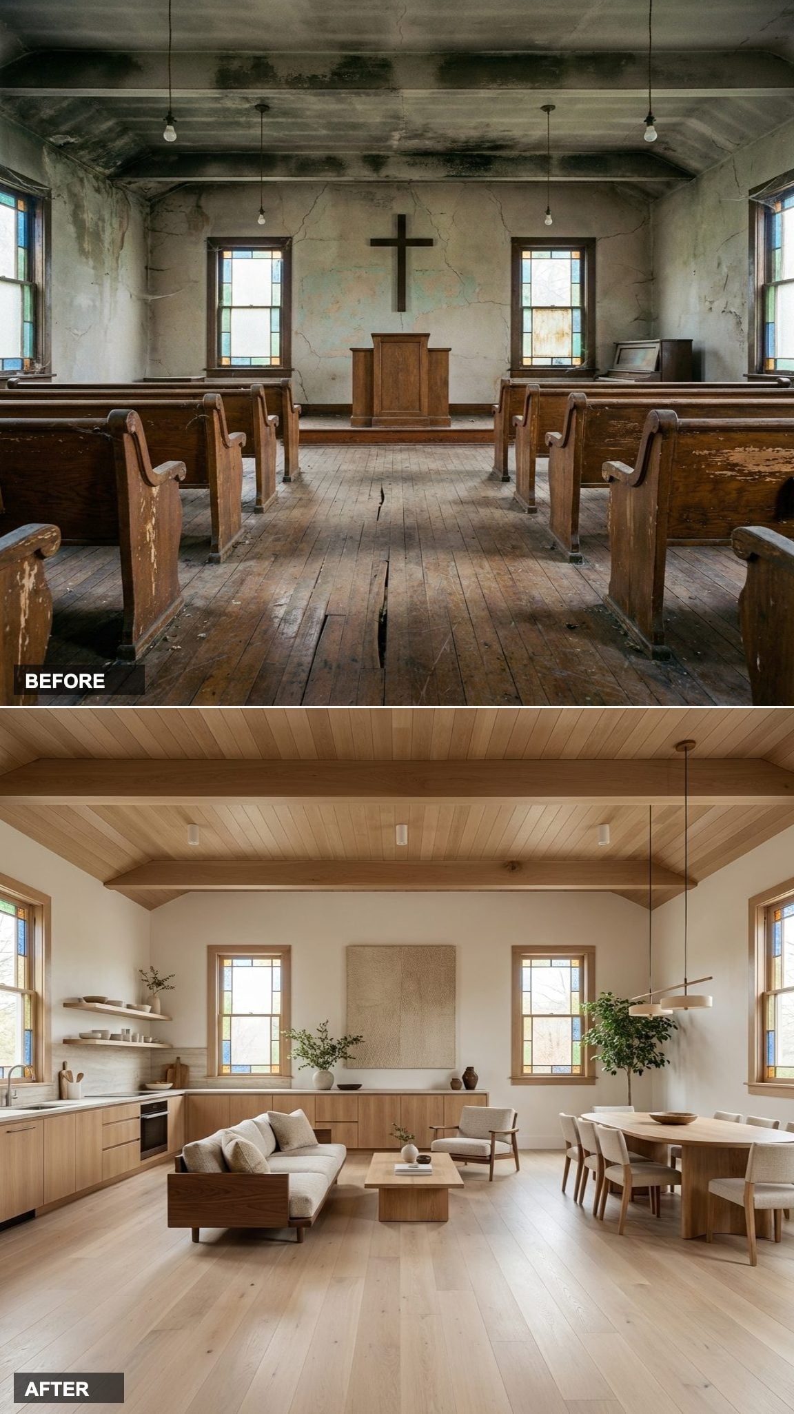 Pale and Perfectly Still: Japandi Minimalism Inside a Converted Nave