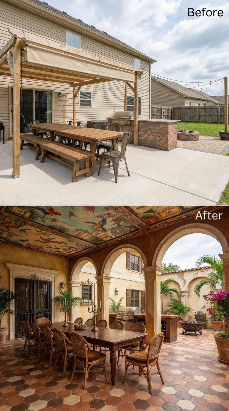 Mediterranean Courtyard with Painted Trompe-l'Oeil Ceiling and Terra Cotta Hex Tile