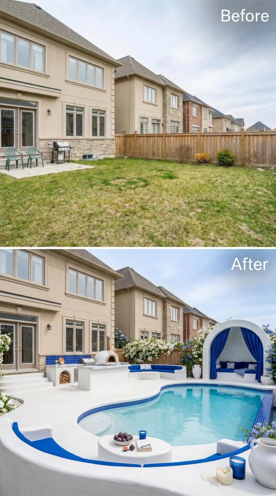 Greek Island Aesthetic Lands in a Suburban Backyard With Blue Tile and a Cabana